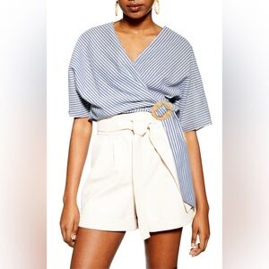 🔥 New Topshop Buckle Wrap Top Striped Blue White Size 4